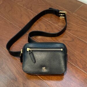 Ralph Lauren Black Leather 100% cow leather Belt Bag with Gold Accents